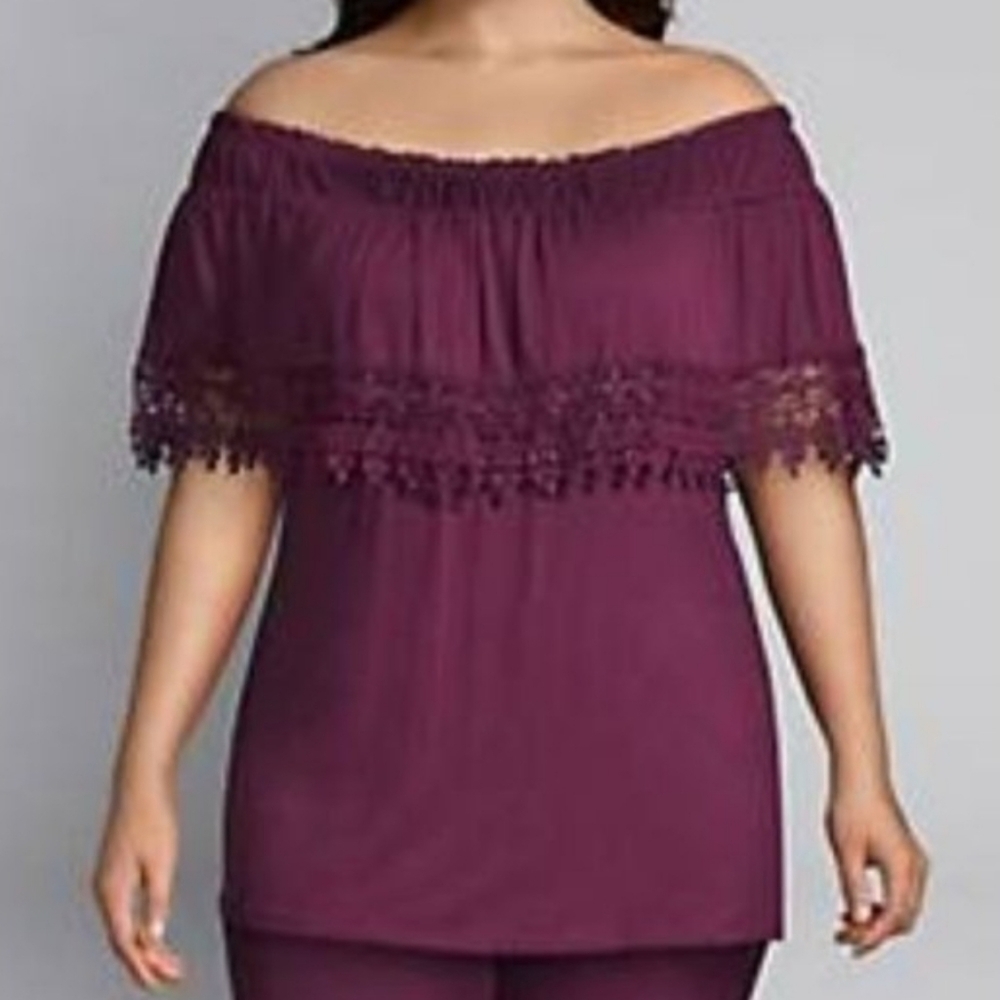 Lane Bryant NWT Flounce Plum Off The Shoulder Lace Trim Top 14/16 Mauve Wine